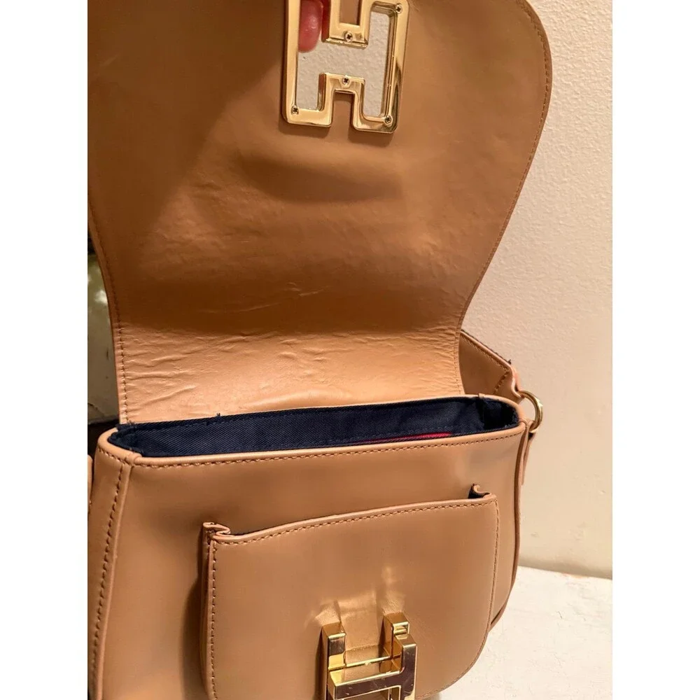 Tommy Hilfiger Genuine, Leather Stripped Saddle Crossbody Bag EUC